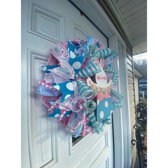 Pink Blue & White Easter Bunny Rabbit Spring Deco Mesh & Ribbon Wreath xxx - Picture 2 of 9